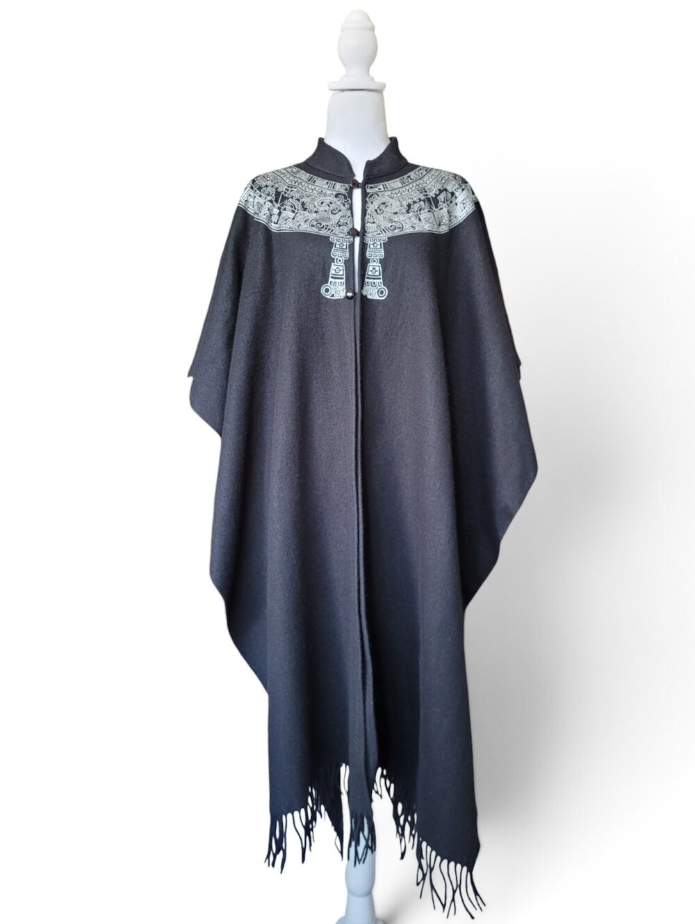 Black Wool Poncho With Fringe And Aztec Calendar Boho Chic OS